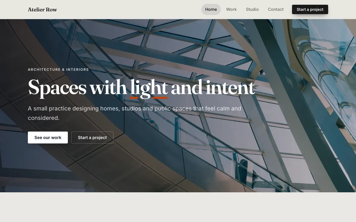 Atelier Row, an example architecture website built with the AI Site Builder