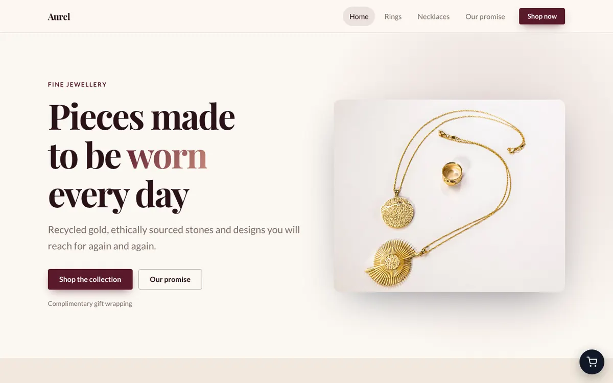 Aurel, an example jewellery website built with the AI Site Builder