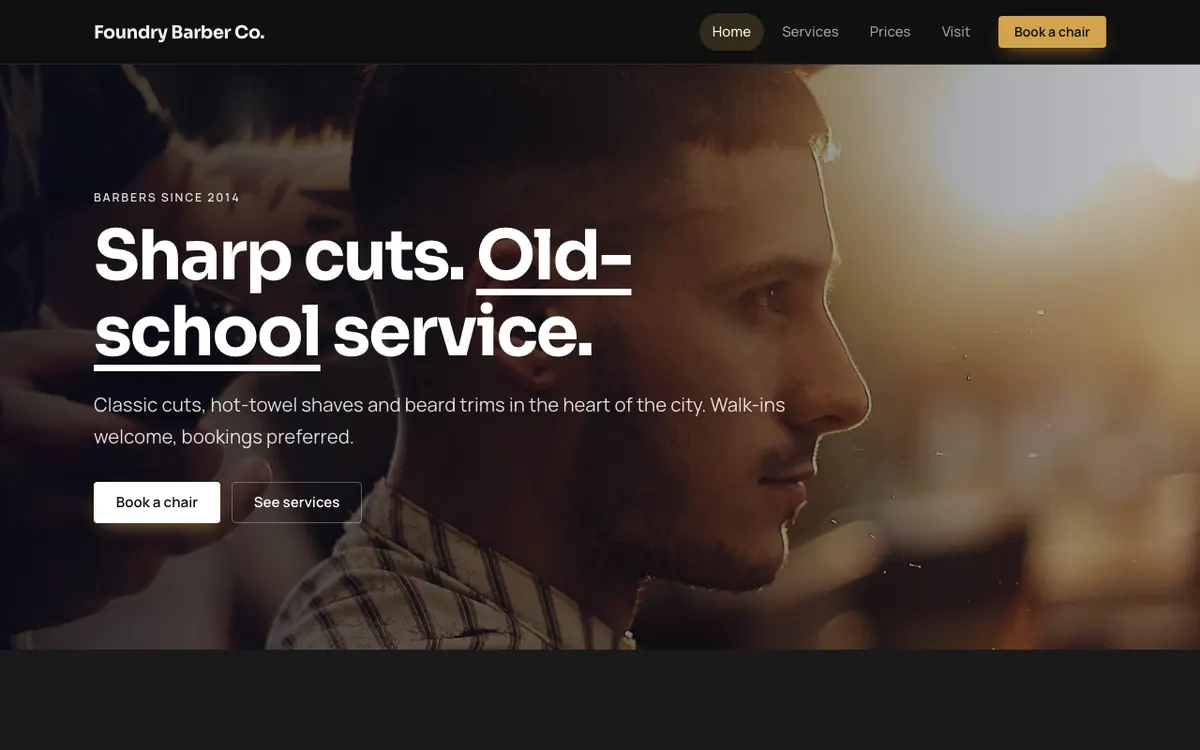 Foundry Barber Co., an example barber website built with the AI Site Builder