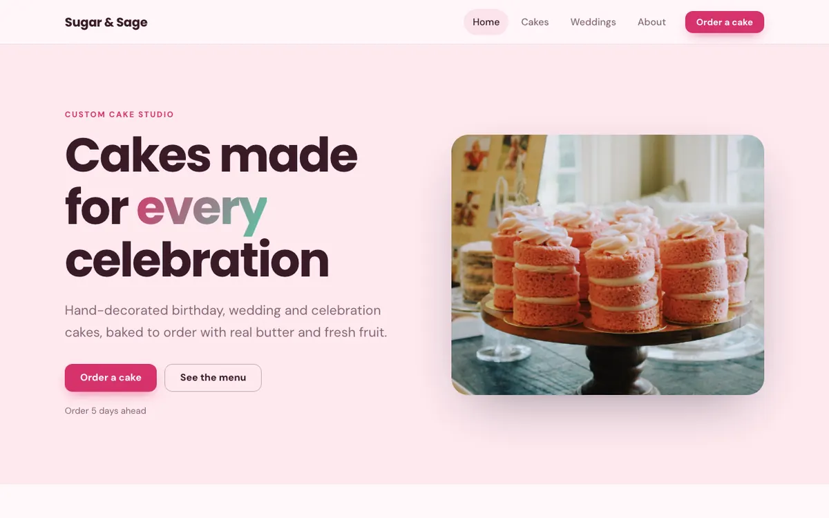 Sugar & Sage, an example cake studio website built with the AI Site Builder
