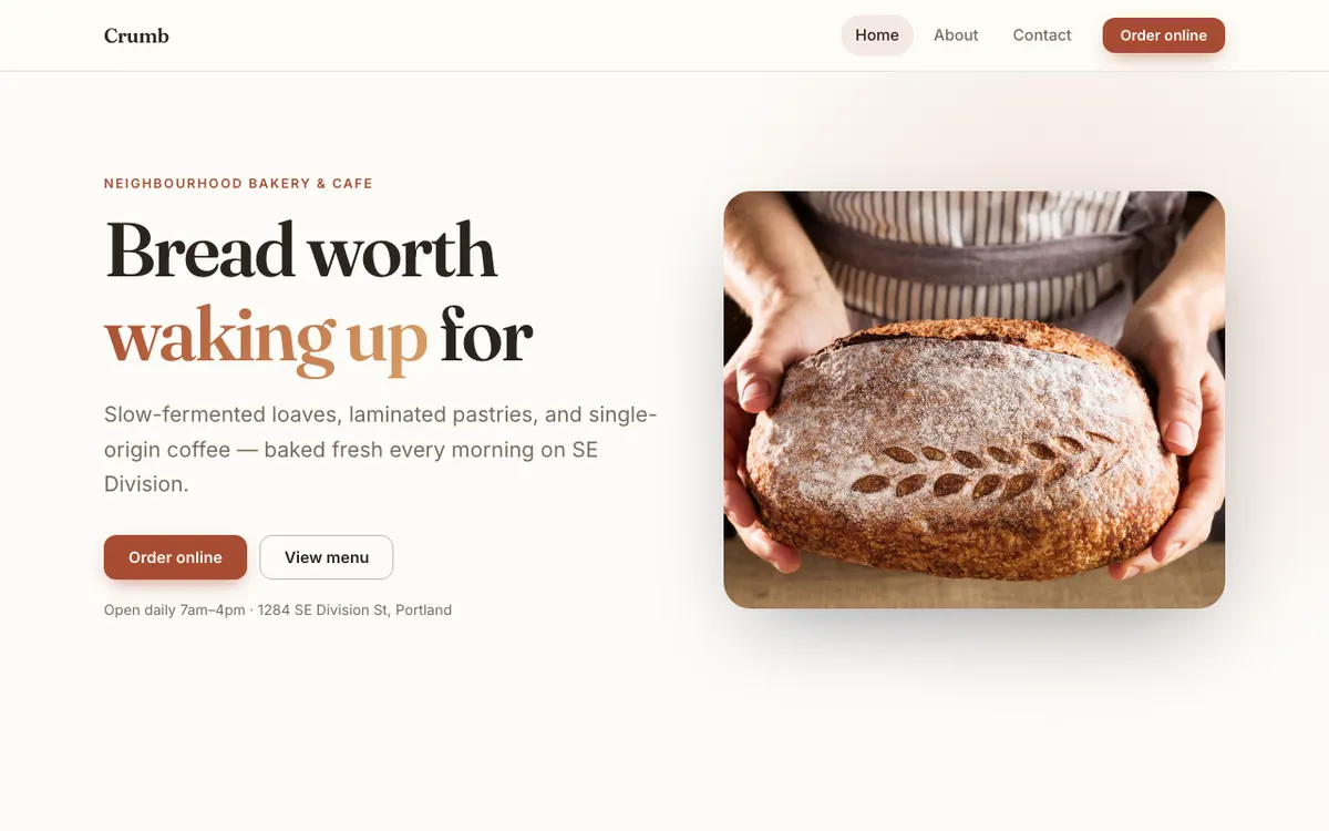 Crumb, an example bakery & cafe website built with the AI Site Builder
