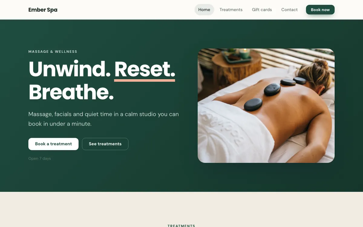 Ember Spa, an example wellness website built with the AI Site Builder