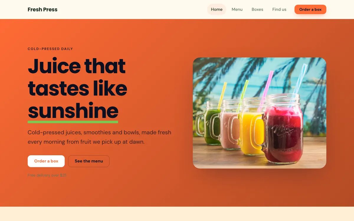 Fresh Press, an example juice bar website built with the AI Site Builder