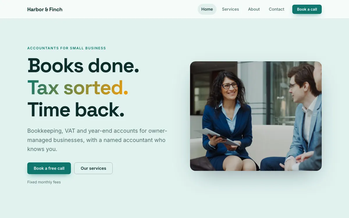 Harbor & Finch, an example accounting website built with the AI Site Builder