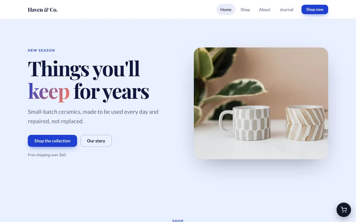 Haven & Co., an example online shop website built with the AI Site Builder