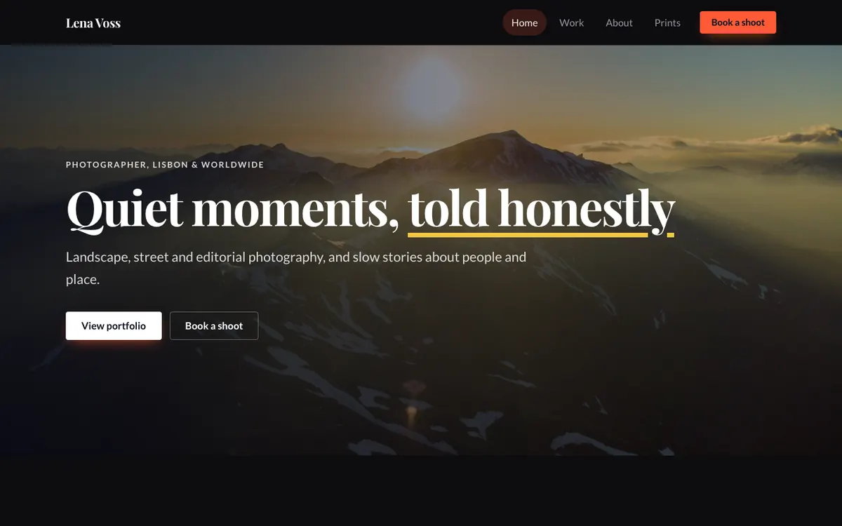 Lena Voss, an example portfolio website built with the AI Site Builder