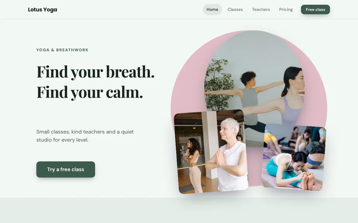 Lotus Yoga, an example yoga studio website built with the AI Site Builder