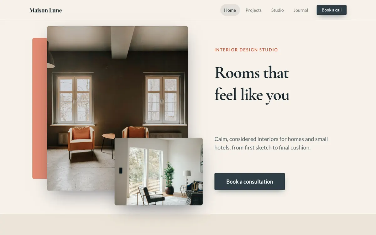 Maison Lune, an example interior design website built with the AI Site Builder