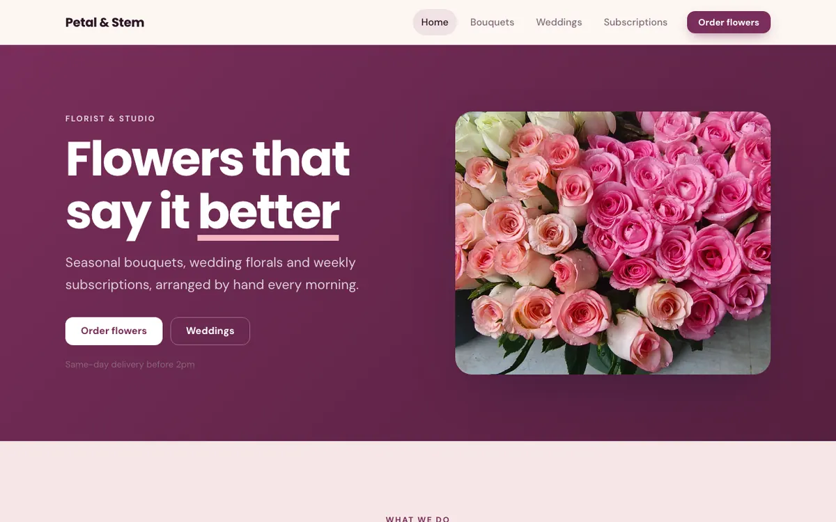 Petal & Stem, an example florist website built with the AI Site Builder