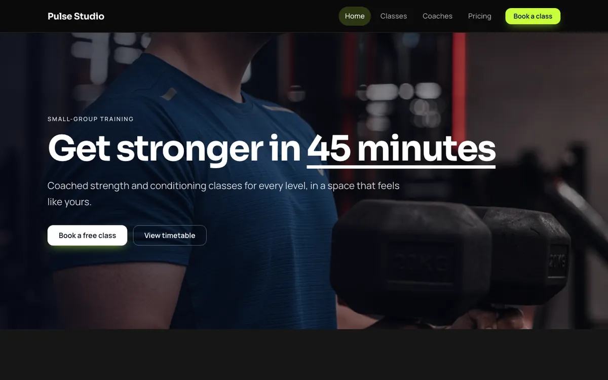 Pulse Studio, an example fitness website built with the AI Site Builder