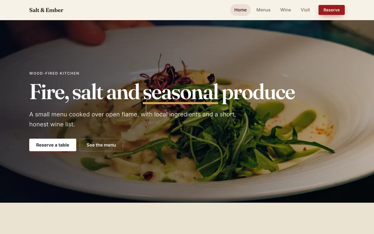 Salt & Ember, an example restaurant website built with the AI Site Builder