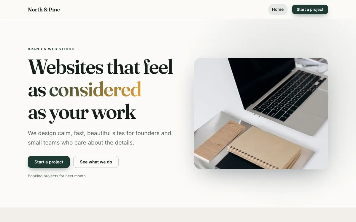 North & Pine, an example studio website built with the AI Site Builder