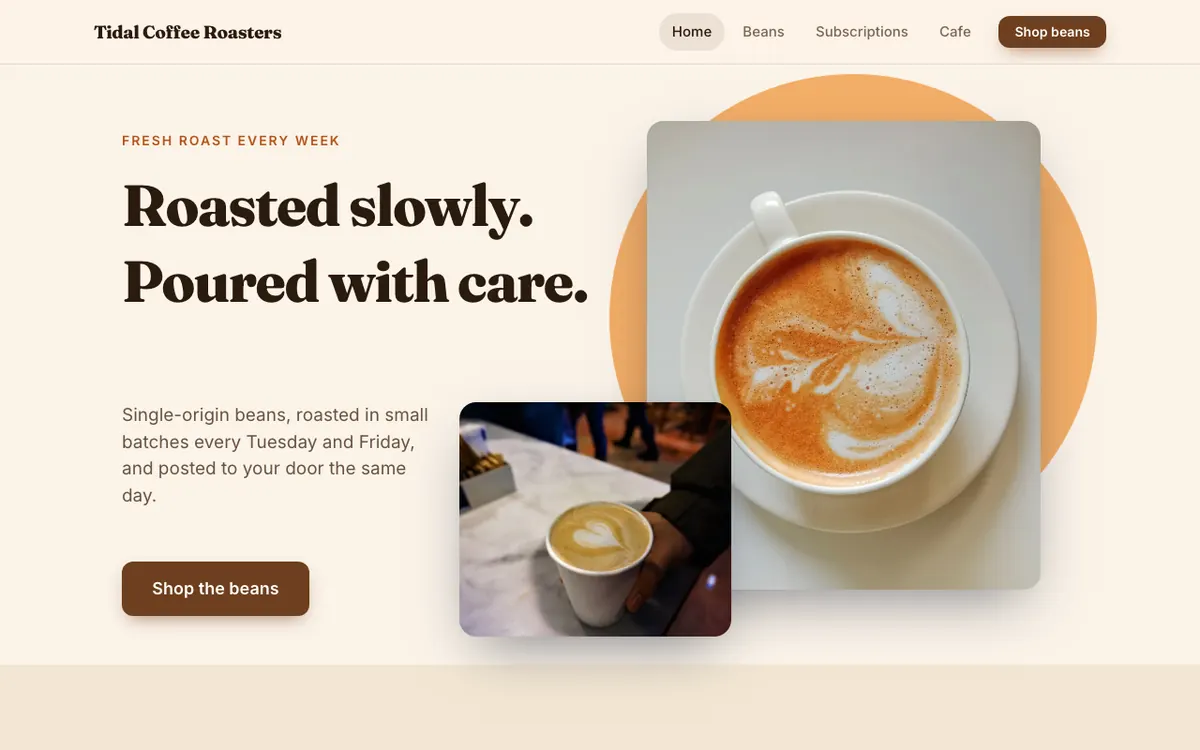 Tidal Coffee Roasters, an example coffee roaster website built with the AI Site Builder