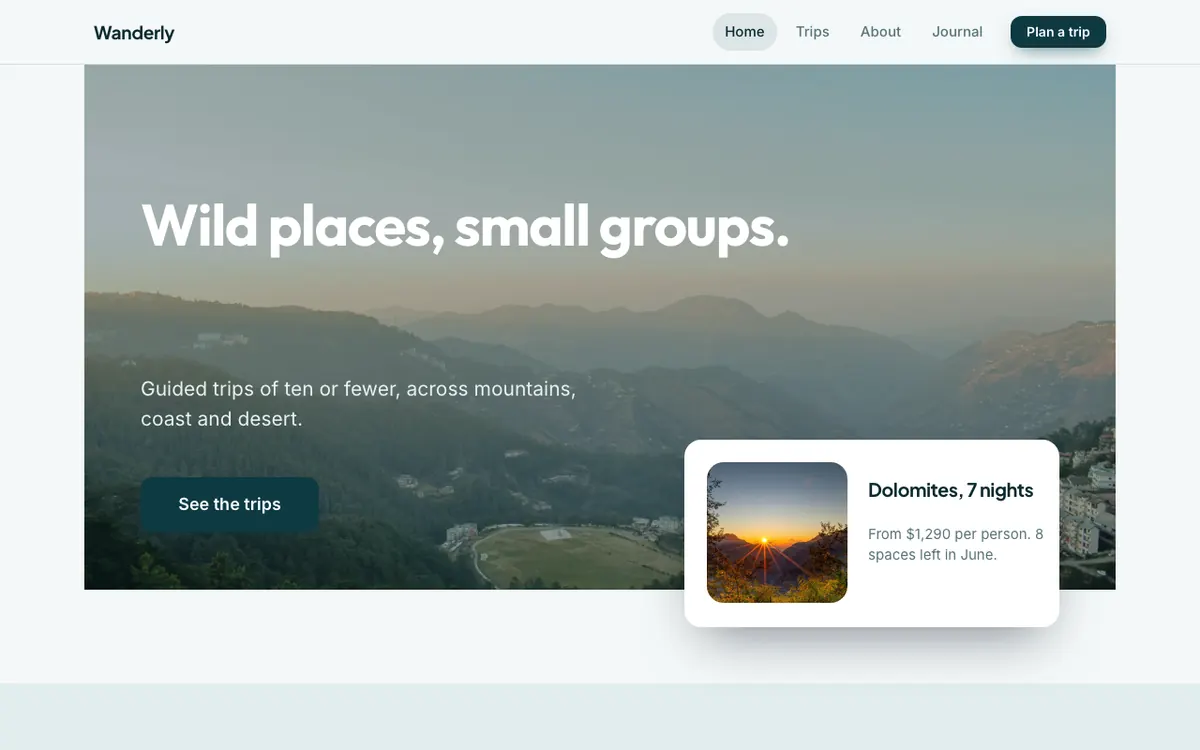 Wanderly, an example travel website built with the AI Site Builder