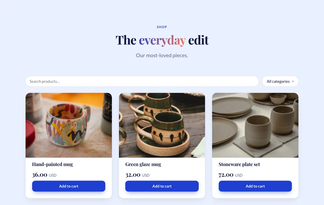 An online store built into a site, showing product cards with prices, search and a cart button